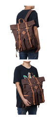 Cool Waxed Canvas Leather Mens Waterproof 16‘’ Large Hiking Backpack Travel Backpack for Men - imessengerbags
