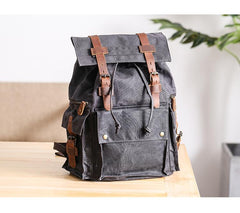 Waxed Canvas Leather Mens Gray Waterproof 15‘’ Large Backpack Travel Backpack College Backpack for Men - imessengerbags