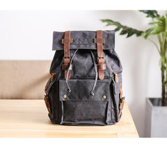 Waxed Canvas Leather Mens Gray Waterproof 15‘’ Large Backpack Travel Backpack College Backpack for Men - imessengerbags