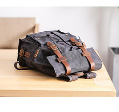 Waxed Canvas Leather Mens Gray Waterproof 15‘’ Large Backpack Travel Backpack College Backpack for Men - imessengerbags