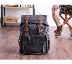 Waxed Canvas Leather Mens Gray Waterproof 15‘’ Large Backpack Travel Backpack College Backpack for Men - imessengerbags