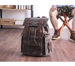 Waxed Canvas Leather Mens Gray Waterproof 15‘’ Large Backpack Travel Backpack College Backpack for Men - imessengerbags