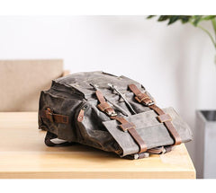 Waxed Canvas Leather Mens Gray Waterproof 15‘’ Large Backpack Travel Backpack College Backpack for Men - imessengerbags