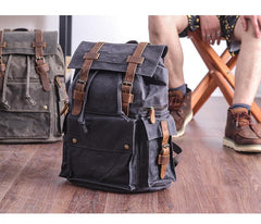 Waxed Canvas Leather Mens Gray Waterproof 15‘’ Large Backpack Travel Backpack College Backpack for Men - imessengerbags