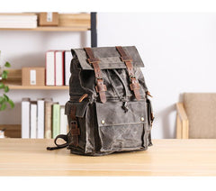 Waxed Canvas Leather Mens Gray Waterproof 15‘’ Large Backpack Travel Backpack College Backpack for Men - imessengerbags
