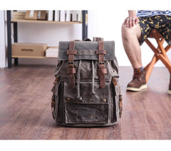 Waxed Canvas Leather Mens Gray Waterproof 15‘’ Large Backpack Travel Backpack College Backpack for Men - imessengerbags