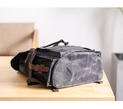 Waxed Canvas Leather Mens Gray Waterproof 15‘’ Large Backpack Travel Backpack College Backpack for Men - imessengerbags