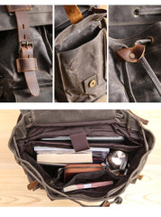 Waxed Canvas Leather Mens Gray Waterproof 15‘’ Large Backpack Travel Backpack College Backpack for Men - imessengerbags