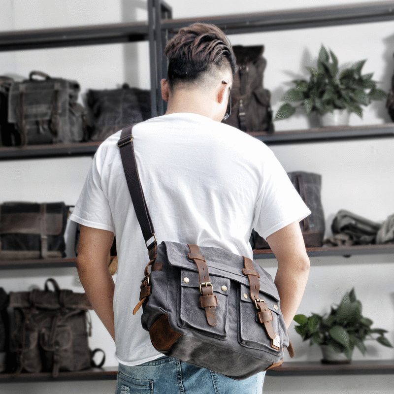 Mens canvas leather messenger bag hot sale