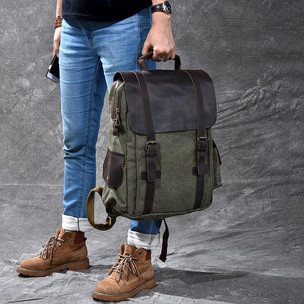 Cool Canvas Leather Mens Womens 15" Khaki Backpack Gray Travel Backpack College Backpack for Men - imessengerbags