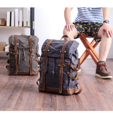 Cool Canvas Leather Mens Womens Dark Gray Backpack Army Green Travel Backpack College Backpack for Men - imessengerbags