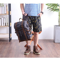 Cool Canvas Leather Mens Womens Dark Gray Backpack Army Green Travel Backpack College Backpack for Men - imessengerbags