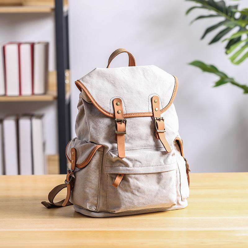Cool Canvas Leather Mens Womens 13'' White Backpack Khaki Travel Backpack College Backpack  for Men - imessengerbags
