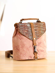 Cute Canvas Leather Mens Womens Small Pink Backpack Khaki Travel Backpack College Backpack for Men - imessengerbags
