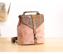 Cute Canvas Leather Mens Womens Small Pink Backpack Khaki Travel Backpack College Backpack for Men - imessengerbags