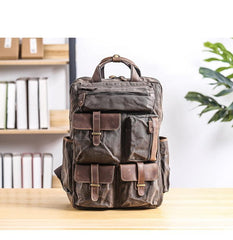 Cool Waxed Canvas Leather Mens Waterproof 15'' Backpack Gray Travel Backpack Hiking Backpack for Men - imessengerbags