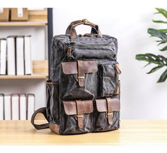 Cool Waxed Canvas Leather Mens Waterproof 15'' Backpack Gray Travel Backpack Hiking Backpack for Men - imessengerbags