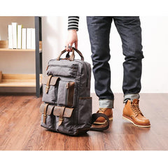 Cool Waxed Canvas Leather Mens Waterproof 15'' Backpack Gray Travel Backpack Hiking Backpack for Men - imessengerbags