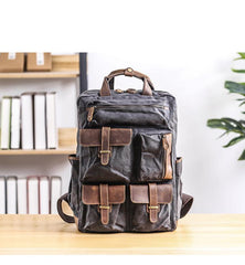 Cool Waxed Canvas Leather Mens Waterproof 15'' Backpack Gray Travel Backpack Hiking Backpack for Men - imessengerbags
