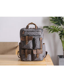Cool Waxed Canvas Leather Mens Waterproof 15'' Backpack Gray Travel Backpack Hiking Backpack for Men - imessengerbags