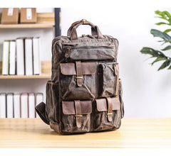 Cool Waxed Canvas Leather Mens Waterproof 15'' Backpack Gray Travel Backpack Hiking Backpack for Men - imessengerbags