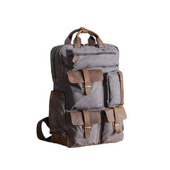 Cool Waxed Canvas Leather Mens Waterproof 15'' Backpack Gray Travel Backpack Hiking Backpack for Men - imessengerbags
