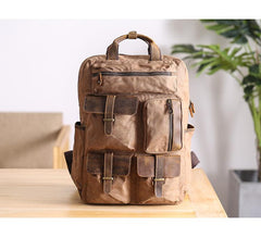 Cool Waxed Canvas Leather Mens Waterproof 15'' Backpack Gray Travel Backpack Hiking Backpack for Men - imessengerbags
