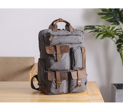 Cool Waxed Canvas Leather Mens Waterproof 15'' Backpack Gray Travel Backpack Hiking Backpack for Men - imessengerbags