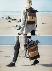 Cool Canvas Leather Mens Large Waterproof Green Backpack Travel Backpack Black Computer Backpack for Men - imessengerbags