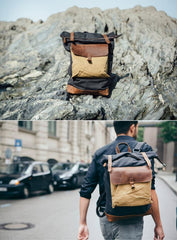 Cool Canvas Leather Mens Large Waterproof Green Backpack Travel Backpack Black Computer Backpack for Men - imessengerbags
