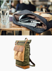 Cool Canvas Leather Mens Large Waterproof Green Backpack Travel Backpack Black Computer Backpack for Men - imessengerbags