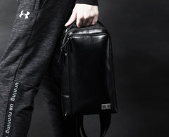 Cool Leather Men's Black Sling Bag One Shoulder Backpack Chest Bag For Men - imessengerbags