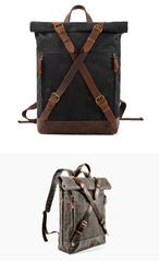 Cool Waxed Canvas Leather Mens 15.6‘’ Black Hiking Backpack Green Travel Backpack for Men - imessengerbags