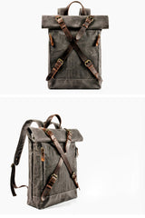 Cool Waxed Canvas Leather Mens 15.6‘’ Black Hiking Backpack Green Travel Backpack for Men - imessengerbags