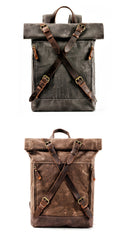 Cool Waxed Canvas Leather Mens 15.6‘’ Black Hiking Backpack Green Travel Backpack for Men - imessengerbags
