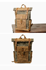 Cool Waxed Canvas Mens Waterproof Green Travel Backpack 15'' Gray Computer Backpack Hiking Backpack for Men - imessengerbags