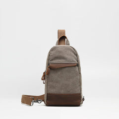 Cool Canvas Leather Mens Sling Bag Chest Bag Gray One Shoulder Backpack for Men