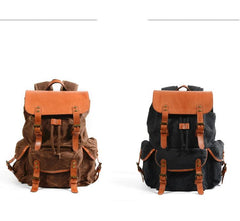 Black Waxed Canvas Mens Waterproof Large Hiking Bag Travel Bag 15.6‘’ Computer Bag for Men - imessengerbags