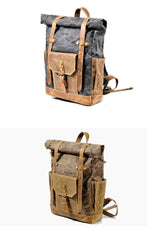 Cool Canvas Leather Mens Large Waterproof Travel Backpack Green Computer Hiking Backpack for Men - imessengerbags