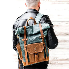 Cool Canvas Leather Mens Large Waterproof Travel Backpack Green Computer Hiking Backpack for Men