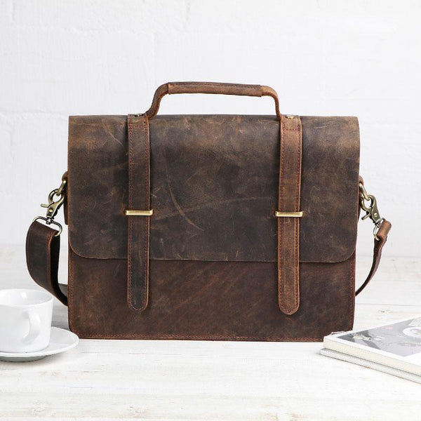 Cool Coffee Leather Mens Briefcase Work Shoulder Bag Laptop Bag Business Bag for Men - imessengerbags