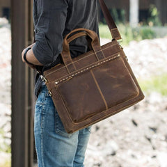 Cool Coffee Leather Mens Briefcases Work Bag Laptop Bag Business Bag for Men - imessengerbags