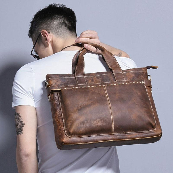 Cool Coffee Leather Mens Briefcases Work Bag Laptop Bag Business Bag for Men