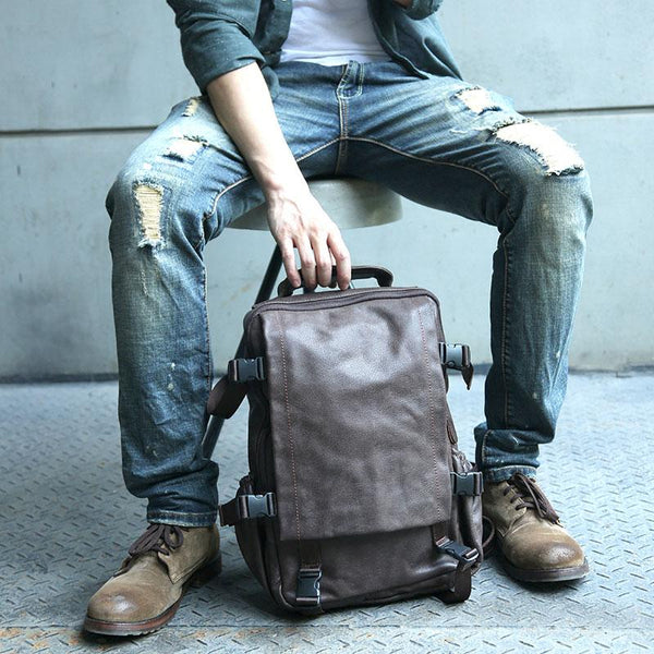 Cool Coffee Mens Leather Backpack Travel Backpacks Laptop Backpack for men - imessengerbags