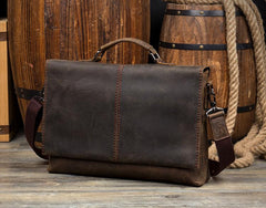 Vintage Dark Brown Leather Mens 15 inches Briefcase Laptop Bag Business Side Bags Work Bag for Men - imessengerbags