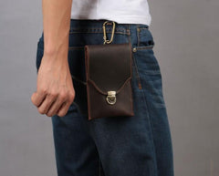 Cool Dark Brown Leather Mens Belt Pouch Mini Waist Bag Belt Bags For Men