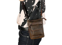 Cool Dark Brown Leather Mens Belt Pouch Mini Shoulder Bags Belt Bags For Men