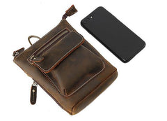 Cool Dark Brown Leather Mens Belt Pouch Mini Shoulder Bags Belt Bags For Men