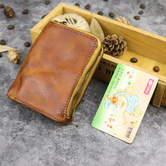 Brown Leather Men's Yellow Zipper Camel Small Wallet Bifold billfold Card Wallet For Men - imessengerbags