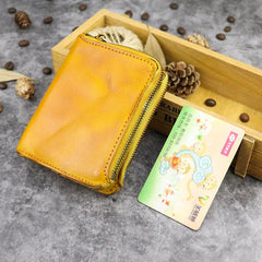Brown Leather Men's Yellow Zipper Camel Small Wallet Bifold billfold Card Wallet For Men - imessengerbags